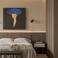 Modern Bedroom Interior Featuring Double Bed Blue Painting Bedside Lamps Wooden Wardrobes And Sliding Doors