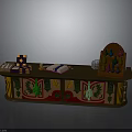 Decorative Wooden Counter With Ornate Carvings Boxes Book And Glass Bottles