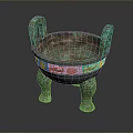 Ancient Chinese Bronze Sculpture Carving with Tripod Legs Double Handles and Intricate Patterns