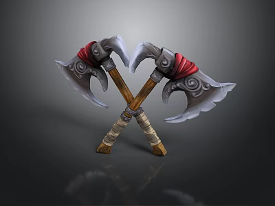 Ornate Crossed Battle Axes With Red Straps Wooden Handles Silver Blades 3d model