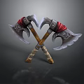 Ornate Crossed Battle Axes With Red Straps Wooden Handles Silver Blades