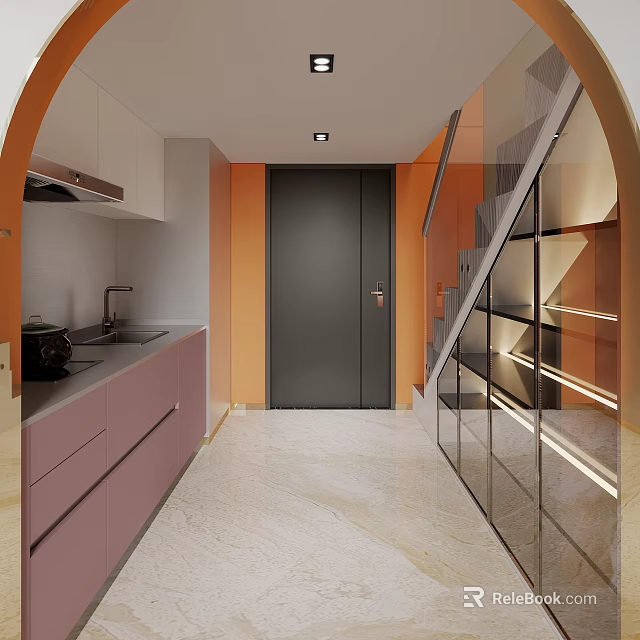 Modern Kitchen Interior Design With Purple Cabinets Orange Walls Black Door And Glass Staircase 3d model 
