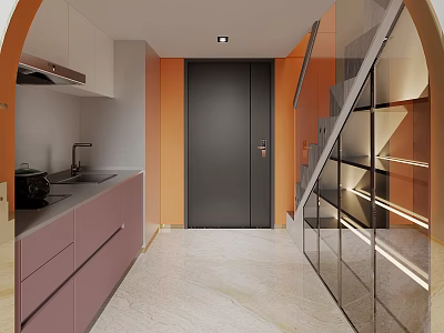 Modern Kitchen Interior Design With Purple Cabinets Orange Walls Black Door And Glass Staircase 3d model