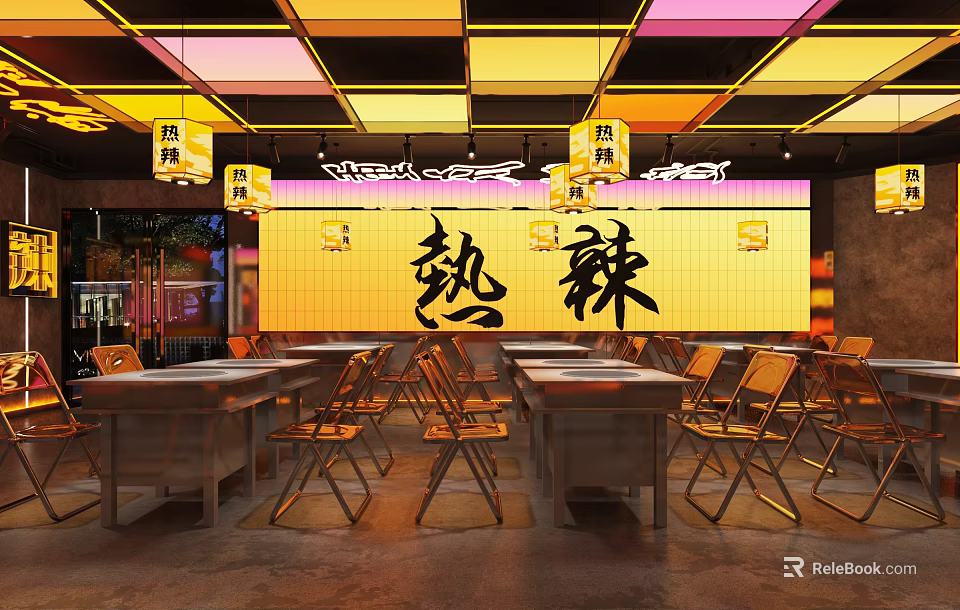 Spicy Theme Hotpot Restaurant Interior Featuring Colorful Square Ceiling Hanging Lanterns And Metal Tables 3d model 