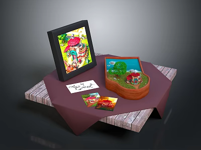 Decorative Household Items On Wooden Table With Colorful Photo Frame Decorative Box And Greeting Card 3d model