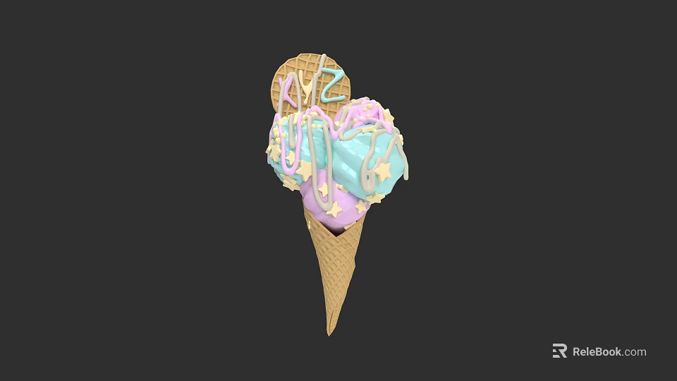 Colorful Ice Cream Cone With Pastel Scoops Drizzle And Waffle Topping 3d model 