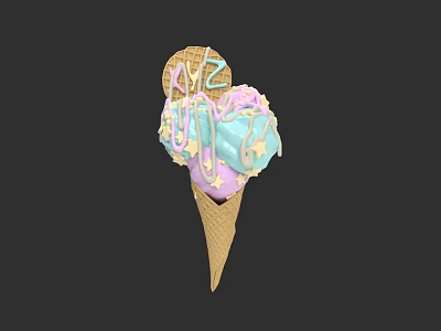 Colorful Ice Cream Cone With Pastel Scoops Drizzle And Waffle Topping 3d model