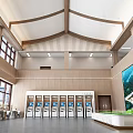 Modern Service Hall Interior With Wooden Ceiling Waiting Seats And Decorative Painting
