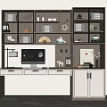 Modern Home Office Desk With Drawers Computer Monitor Table Lamp And Glass Door Bookshelf
