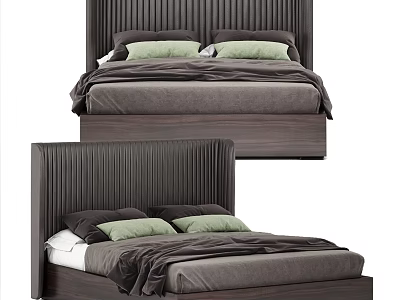 Modern Double Bed With Vertical Striped Headboard Dark Brown Frame And Green Pillows 3d model