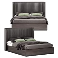 Modern Double Bed With Vertical Striped Headboard Dark Brown Frame And Green Pillows