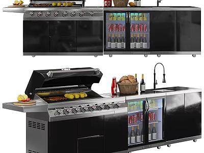 Modern Outdoor Grill With Stainless Steel Design Cooked Food Bread Basket And Beverages Refrigerator 3d model