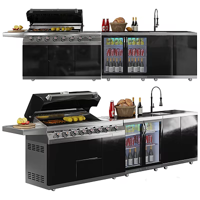 Modern Outdoor Grill With Stainless Steel Design Cooked Food Bread Basket And Beverages Refrigerator 3d model