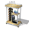 Golden Bar Cart With Wine Glasses Bottles Drinks And Wheels On Shelves
