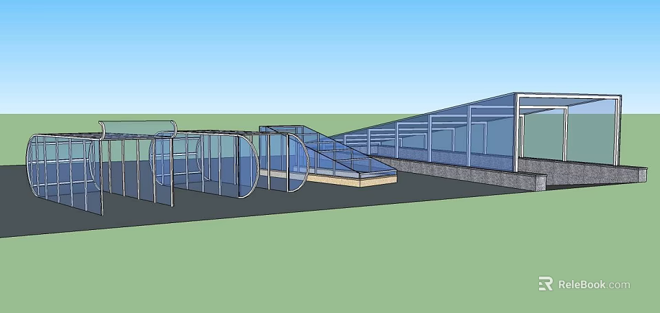 Modern Glass Greenhouse Structure With Curved Transparent Roof And Open Design 3d model 