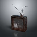 Old Rusted Television With Cracked Screen And Antennas On Gray Background