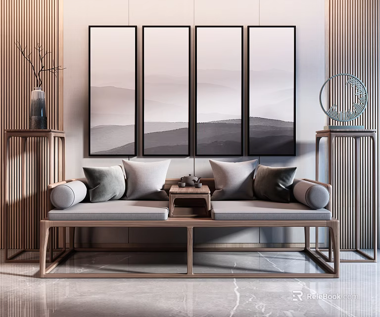 Elegant Modern Arhat Bed With Gray Cushions Side Tables And Decorative Paintings 3d model 