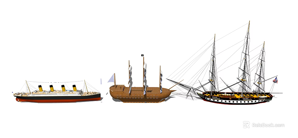 Vintage Wooden Ship Featuring Multiple Masts Sails And Nearby Traditional Vessels 3d model 