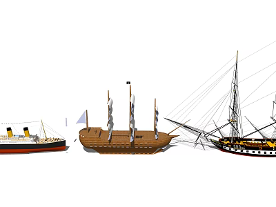 Vintage Wooden Ship Featuring Multiple Masts Sails And Nearby Traditional Vessels 3d model