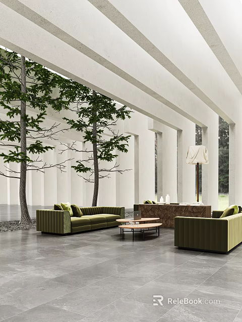 Natural Modern Living Room Interior With Green Sofa And Indoor Trees 3d model 