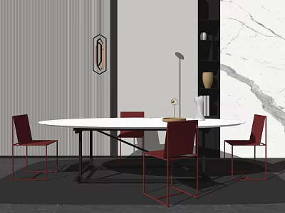 Modern White Round Dining Table Set With Red Chairs Metal Frame And Pendant Light 3d model