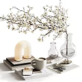Stylish Decorative Ornament Set With White Blossom Branch Transparent Vase Arched Lamp And Coffee Mug