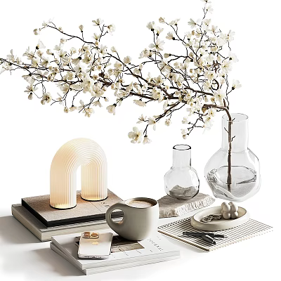 Stylish Decorative Ornament Set With White Blossom Branch Transparent Vase Arched Lamp And Coffee Mug 3d model