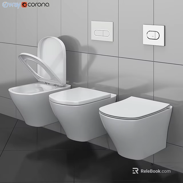 Three White Wall Mounted Toilets on Grey Tiled Wall with Control Panels 3d model 