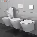 Three White Wall Mounted Toilets on Grey Tiled Wall with Control Panels
