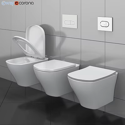 Three White Wall Mounted Toilets on Grey Tiled Wall with Control Panels 3d model