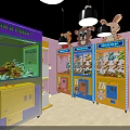 Colorful Cartoon Themed Claw Machine Area With Soft Toys And Animal Characters