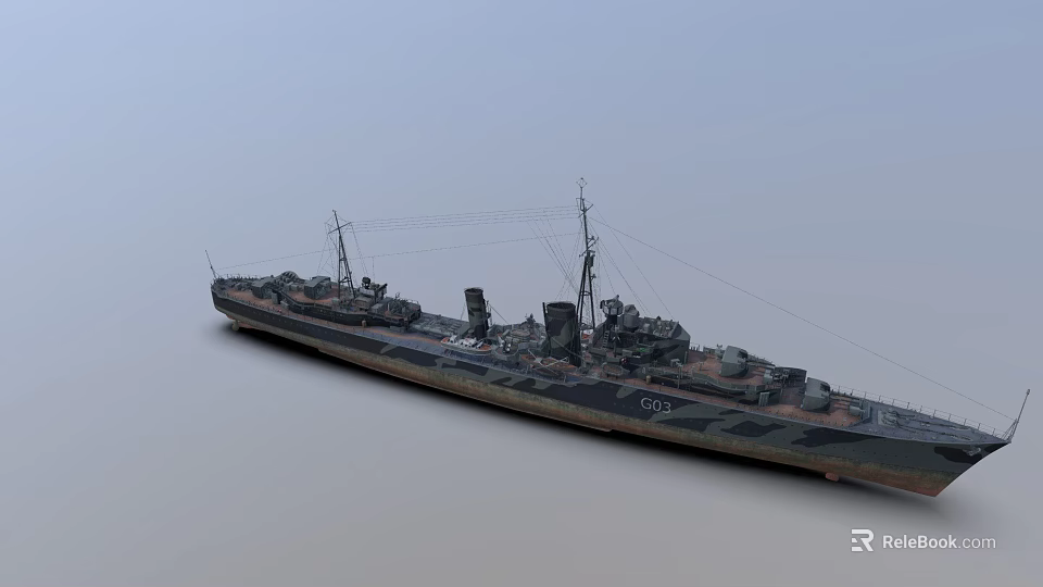 Classic Warship With Camouflage Paint Number 03 Masts And Military Design 3d model 