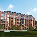 Classic Red Brick Townhouse With Multiple Windows Dark Roof Green Lawn And Trees