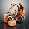 Orange Retro Futuristic Mechanical Device With Metal Wheels And Industrial Design