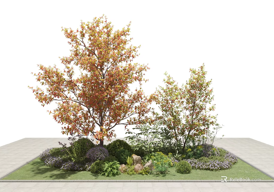 Orange Red Leaf Tree With Smaller Trees Shrubs Stones And Green Grass 3d model 