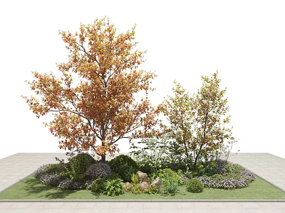 Orange Red Leaf Tree With Smaller Trees Shrubs Stones And Green Grass 3d model