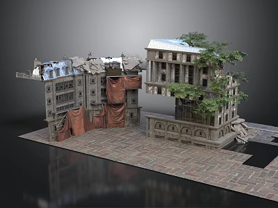 Urban Damaged Building Structures With Platform Trees And Brick Paved Ground 3d model