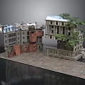 Urban Damaged Building Structures With Platform Trees And Brick Paved Ground