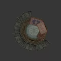 Round Wooden Table With Fan Shaped Seats And Patterned Carpets On Top