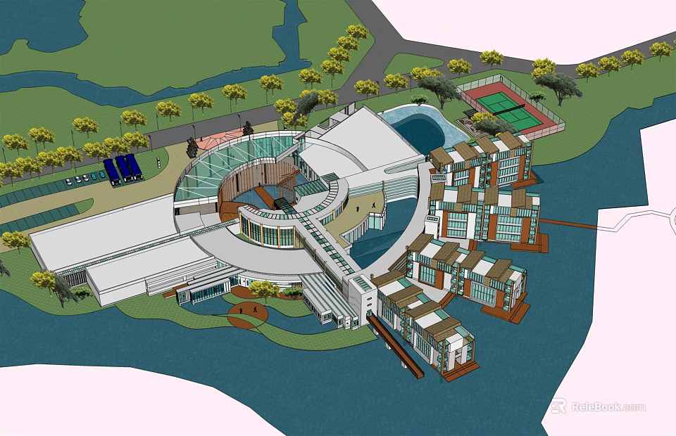 Modern Waterfront Hotel Building Featuring Circular Design Multi Storey Structure And Green Landscaping 3d model 