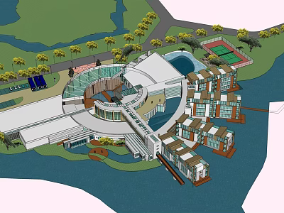 Modern Waterfront Hotel Building Featuring Circular Design Multi Storey Structure And Green Landscaping 3d model