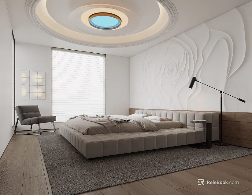 Modern Bedroom with Circular Ceiling Light White Embossed Rose Wall Large Window and Beige Bed 3d model 