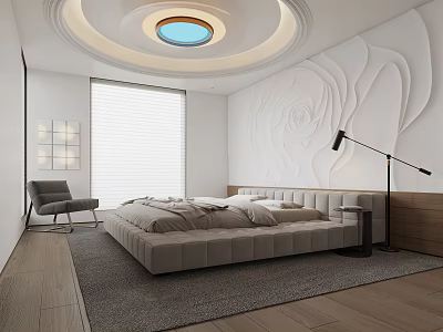 Modern Bedroom with Circular Ceiling Light White Embossed Rose Wall Large Window and Beige Bed 3d model