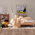 Cozy Double Bed Bedroom Interior With Pillows Blanket Dresser Nightstand And Framed