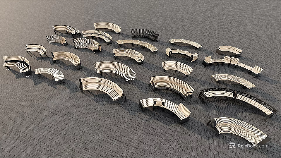 Wooden Outdoor Chairs With Curved Shapes Arranged On Gray Tile Floor 3d model 
