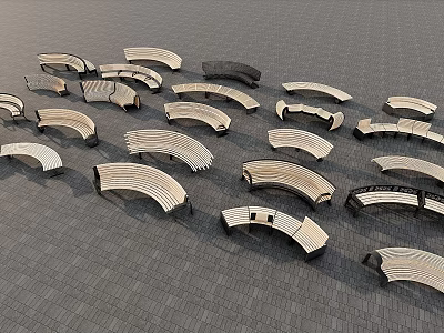 Wooden Outdoor Chairs With Curved Shapes Arranged On Gray Tile Floor 3d model