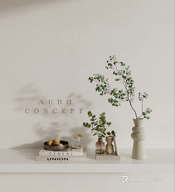 Minimalist AUDO CONCEPT Decorative Table Setup With Eucalyptus Vase Books And Fruit 3d model 