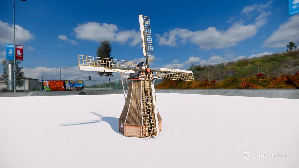 Windmill Architectural Components Featuring Wooden Blades And Tower Structure Under Blue Sky 3d model
