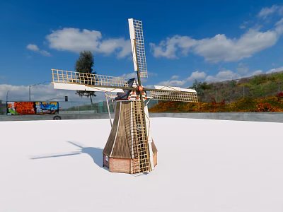 Windmill Architectural Components Featuring Wooden Blades And Tower Structure Under Blue Sky 3d model