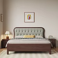 Dark Brown Wooden Double Bed with Light Green Upholstered Headboard Yellow Pillow Striped Blanket and Nightstand
